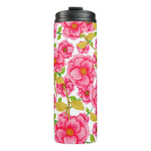 Waterverf naadloos met bloemen. Vintage Thermosbeker