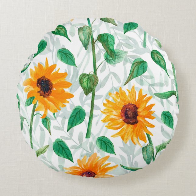 Waterverf naadloos met zonnebloemen rond kussen (Voorkant)