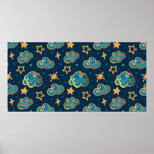 Waterverf naadloos patroon met de maan, sterren, poster