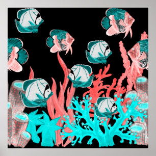 Waterverf naadloos patroon met exotische vissen op poster