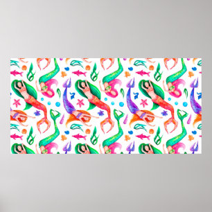 Waterverf naadloos patroon met zeemeermin, doorsne poster