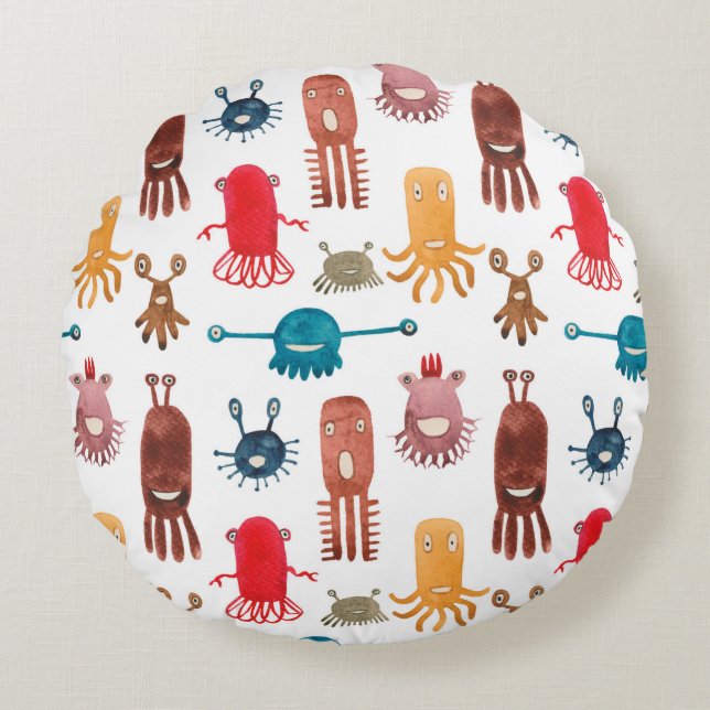 Waterverf naadloos patroon van grappige monsters e rond kussen (Voorkant)