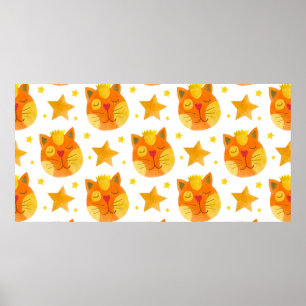 Waterverf naadloos patroon van kattengezichten en poster