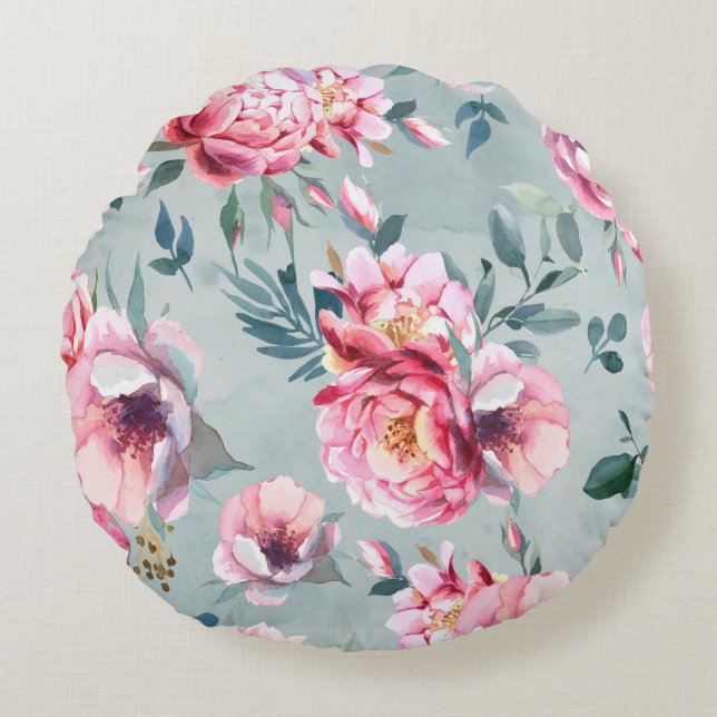 Waterverf naadloos patroon van pony en blosom fl rond kussen (Voorkant)