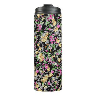 waterverf naadloze florale patroon zwarte achtergr thermosbeker