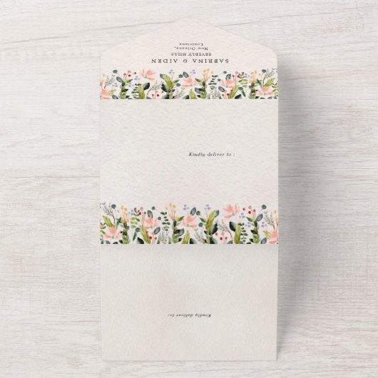 Waterverf Naadloze Wild Flower Bruiloft All In One Uitnodiging (Buitenkant)