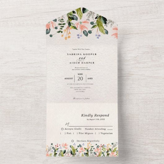 Waterverf Naadloze Wild Flower Bruiloft All In One Uitnodiging (Binnen)