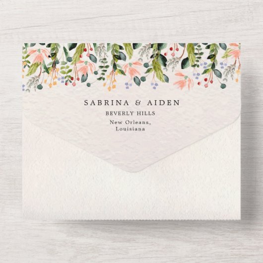 Waterverf Naadloze Wild Flower Bruiloft All In One Uitnodiging (Achterkant)