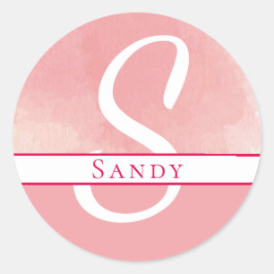 Waterverf Naam Monogram Roze Ronde Sticker