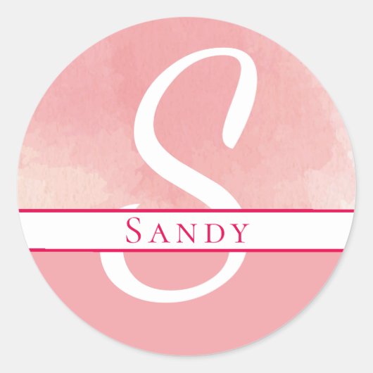 Waterverf Naam Monogram Roze Ronde Sticker (Voorkant)