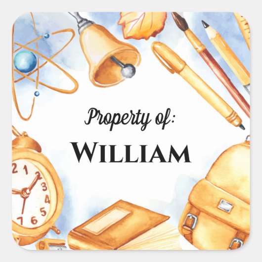 Waterverf Naam van Kinderen Terug naar School Vint Vierkante Sticker (Voorkant)