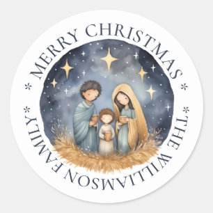 Waterverf Nacht Vrolijk Kerstfeest Witte Marine Ronde Sticker
