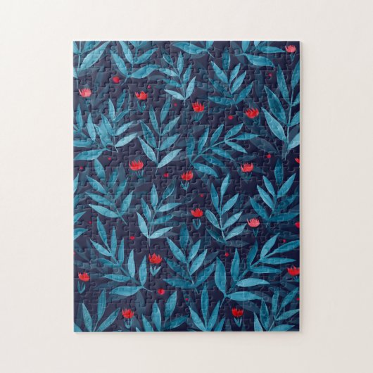 Waterverf nachttuin - turquoise , blauw en rood legpuzzel (Verticaal)