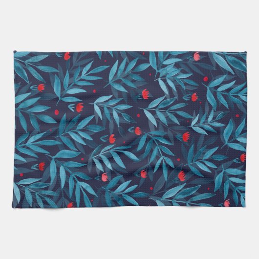 Waterverf nachttuin - turquoise , blauw en rood theedoek (Horizontaal)