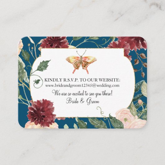 Waterverf najaar Floral Blue Wedding Website RSVP Visitekaartje (Voorkant)