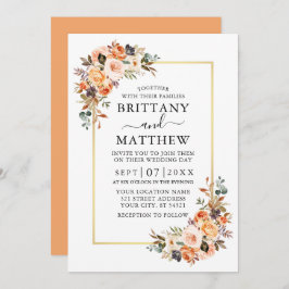 Waterverf najaar Floral Gold Lijst Wedding Peach Kaart