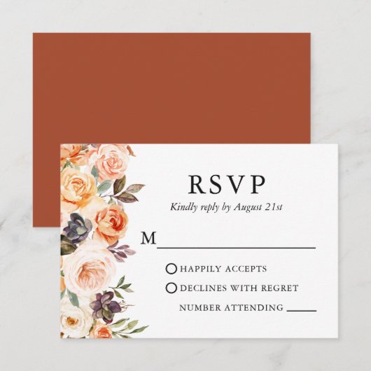 Waterverf najaar Floral Wedding Terracotta RSVP Kaartje (Voorkant / Achterkant)