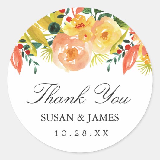 Waterverf najaar peach Floral Wedding Favor Ronde Sticker (Voorkant)