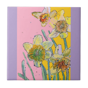 Waterverf Narcis Bloem Bloem Roze Geel Tegeltje