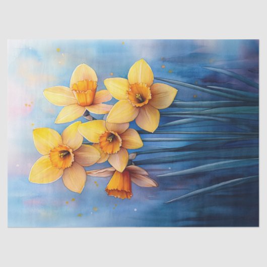 Waterverf narcissen blauw achtergrond decoupage tissuepapier (Voorkant)