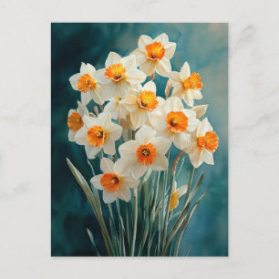 Waterverf narcissen Blauwgroen achtergrond Briefkaart
