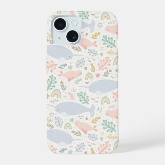 Waterverf Narwhal & Seal Patroon iPhone 15 Case (Achterkant)