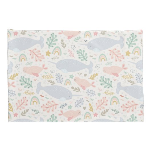 Waterverf Narwhal & Seal Patroon Kussensloop (Achterkant-Rechts)