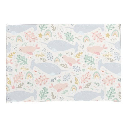 Waterverf Narwhal & Seal Patroon Kussensloop (Voorkant-Rechts)