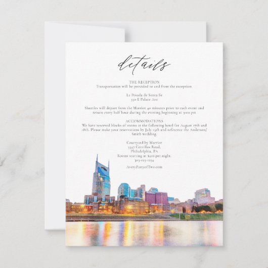 Waterverf Nashville Skyline Wedding Details Kaart (Voorkant)