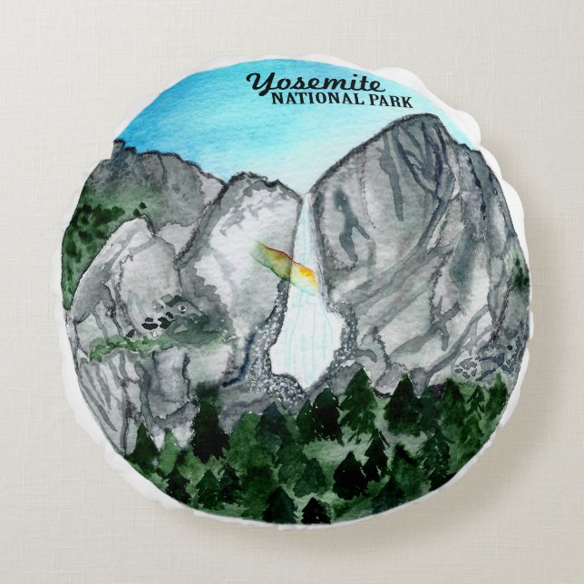 Waterverf nationaal park Yosemite Rond Kussen (Voorkant)