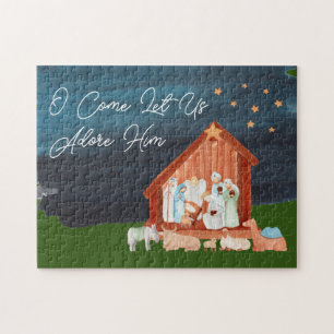 Waterverf Nativiteit Adore Him Religieuze Kerstmis Legpuzzel