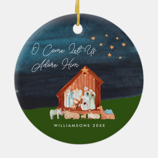 Waterverf Nativiteit Adore Him Scripting Religieuz Keramisch Ornament (Achterkant)