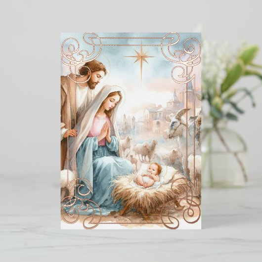 Waterverf Nativiteitsscène Folie Feestdagenkaart (Staand Voorkant)