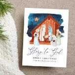 Waterverf Nativiteitsscène Glory naar God niet-fot Feestdagenkaart<br><div class="desc">Viel de reden voor het seizoen met ons mooie kerstfeest briefkaart. Het religieuze kerstfeest briefkaart is voorzien van een waterverf nativiteitsscène met "Glory to God", die in een blauw marinescript wordt getoond. Personaliseer de voorzijde van het niet-foto Kerstmis briefkaart door een douanegroet en de naam van uw familie toe te...</div>