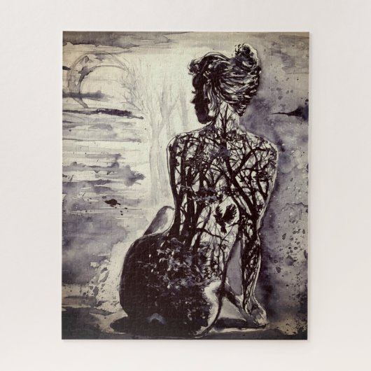 Waterverf - Natuur dame - zwart en wit  Legpuzzel (Verticaal)