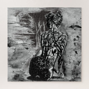 Waterverf - Natuur dame - zwart en wit schilderen Legpuzzel