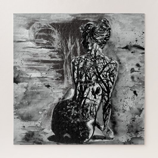 Waterverf - Natuur dame - zwart en wit schilderen Legpuzzel (Verticaal)