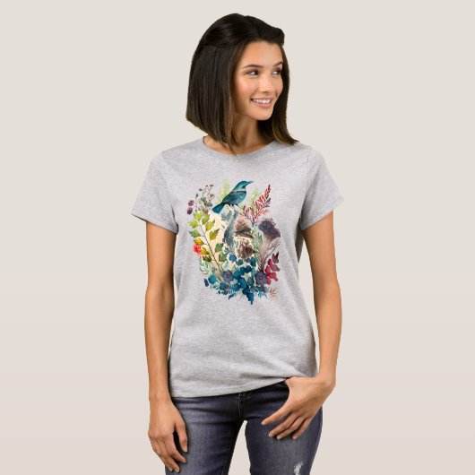 Waterverf Natuur Folk Art Illustraties T-shirt (Voorkant volledig)