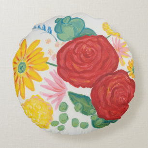 Waterverf Natuur Red Rose Yellow Daisy Floral Rond Kussen