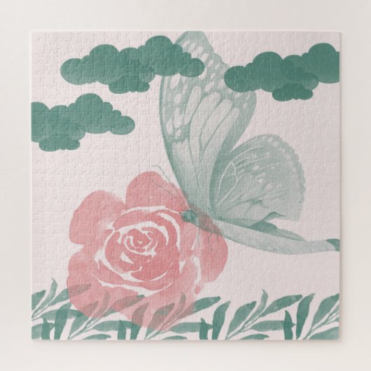 Waterverf Natuur thema met Blauwgroen en roze bloe Legpuzzel (Verticaal)