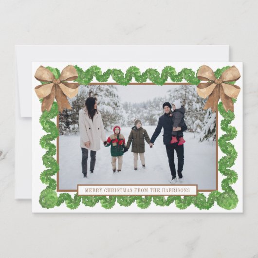 Waterverf Natuurlijke Burlap Bow Garland Foto Feestdagenkaart (Voorkant)