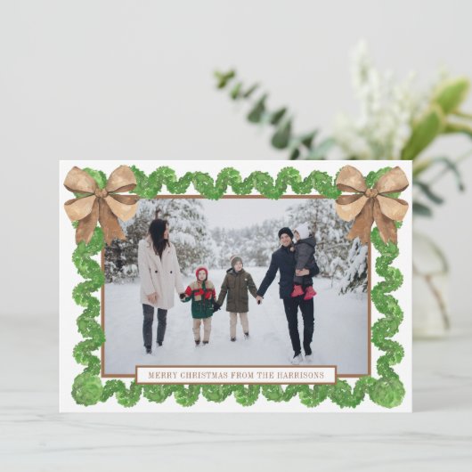 Waterverf Natuurlijke Burlap Bow Garland Foto Feestdagenkaart (Staand voorkant)