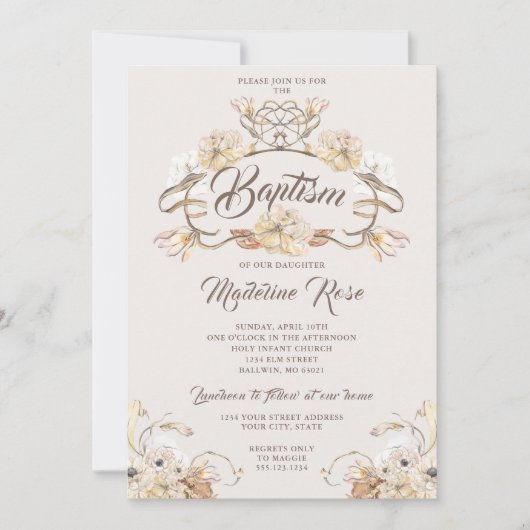 Waterverf Natuurlijke Droge Bloemen Doop Kaart (Voorkant)