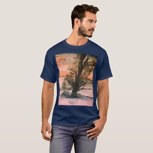Waterverf Natuurlijke Zonsondergang Landschap T-shirt (Voorkant volledig)