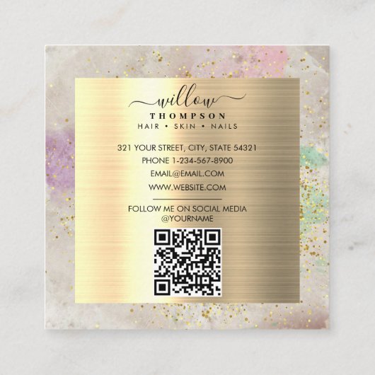 Waterverf Natuursteen Faux Gold Glitter QR-code Vierkante Visitekaartje (Achterkant)