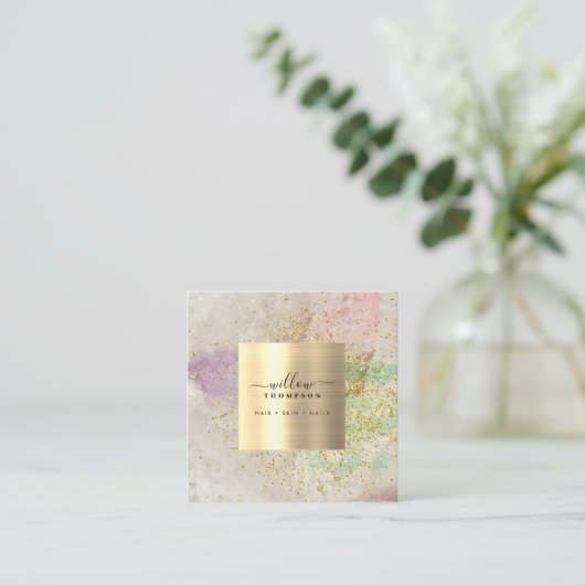 Waterverf Natuursteen Faux Gold Glitter QR-code Vierkante Visitekaartje (Staand voorkant)