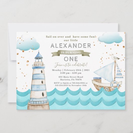 Waterverf Nautical 1st Birthday Party Invitation Kaart (Voorkant)