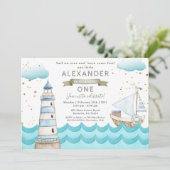 Waterverf Nautical 1st Birthday Party Invitation Kaart (Staand voorkant)