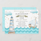 Waterverf Nautical 1st Birthday Party Invitation Kaart (Voorkant / Achterkant)