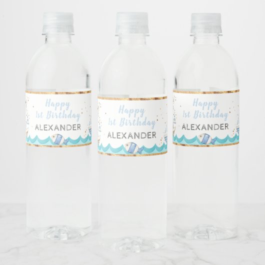 Waterverf Nautical 1st Birthday Waterfles Etiket (Flessen)